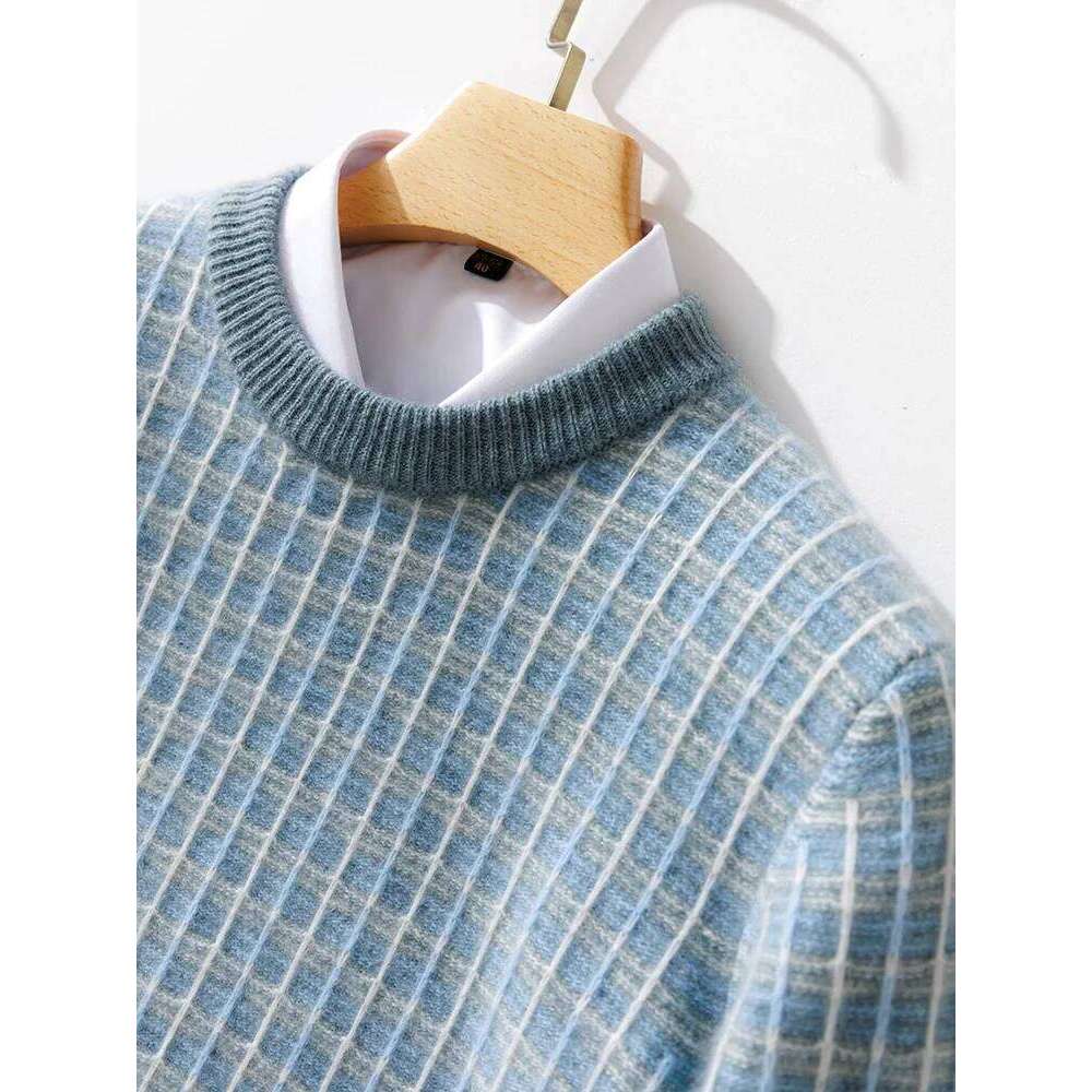 Men Pullover O-Neck Sweater Cashmere Autumn Winter Checkered Jacquard 100% Merino Wool Knitwear Long Sleeve Clothing Tops 250812