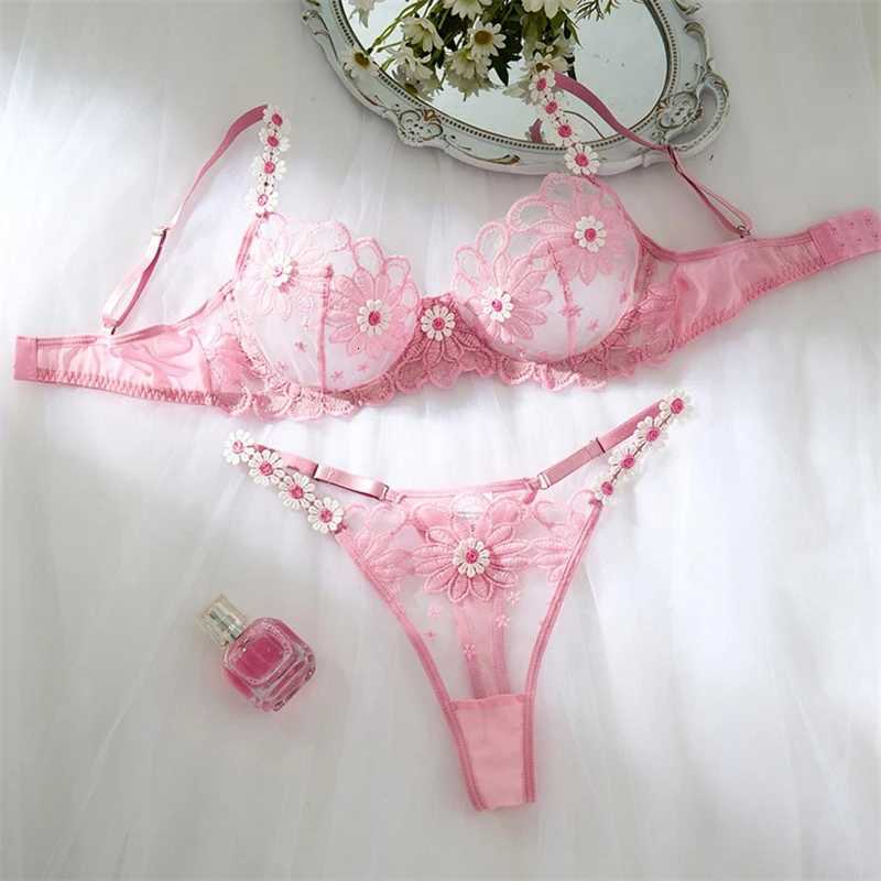 New Sexy Girl Lingerie Floral Embroidery Lingerie Set Pink Fantasy Underwear Ultra Thin Bra Panty Set Translucent Lace LingerieXJ250812