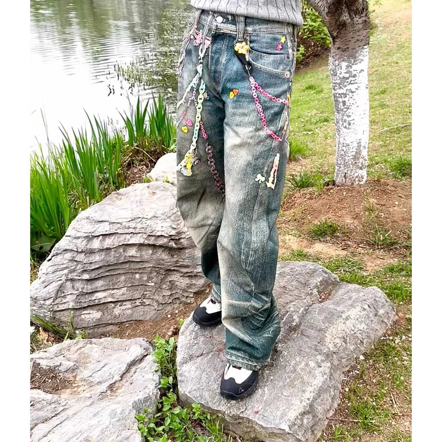 High Street Personalized 3D Printed Chain Hanging Decoration Baggy Jeans Pants Mens Distressed Straight Wide Leg Jeans Plus Size X250812