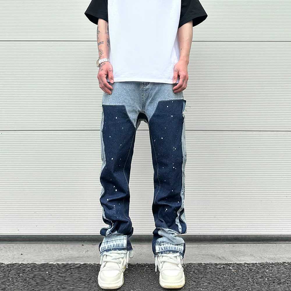 2024 Graffiti Black Flared Jeans Men Vintage Hip Hop Patches Splashed Ink Wide Leg Jeans Y2k Streetwear Baggy Washed Denim Pants X250812