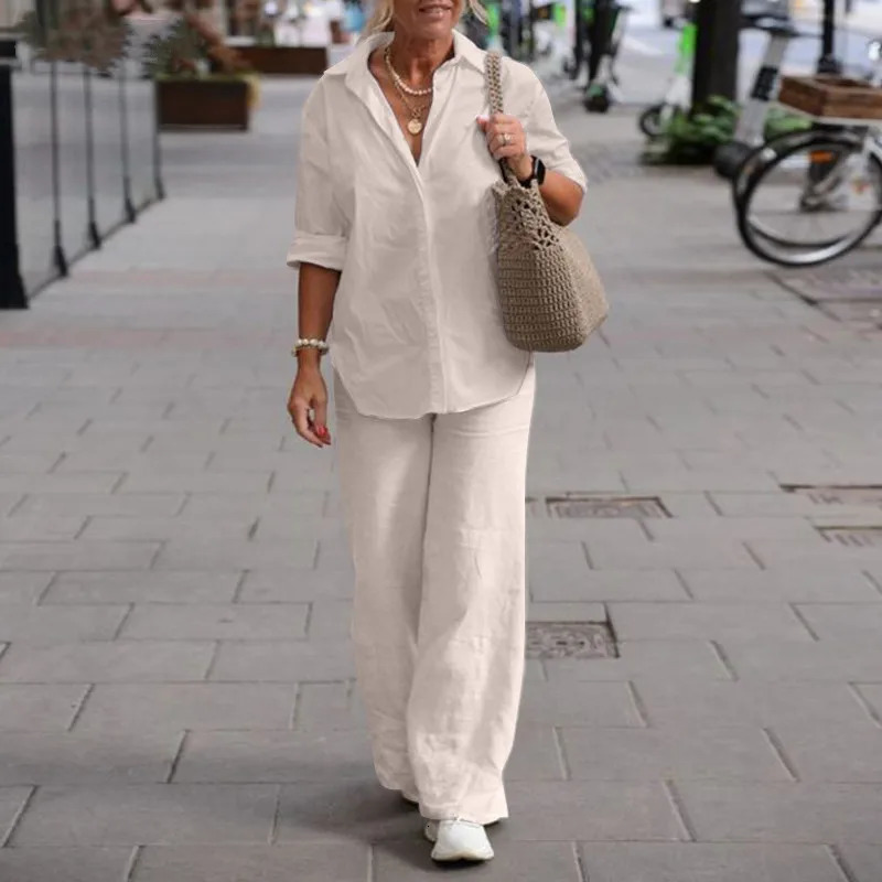 Elegant Womens Suits Female Cotton Linen Solid Shirt Two Piece Set For Women Long Sleeve Top Wide Leg Pants Set Casual Outfits 250811