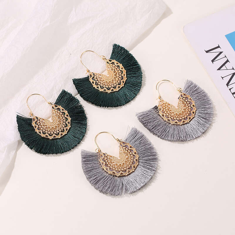 Ethnic Style Tassel Exaggerated Fan-shaped Lace Pattern Earrings Pendants Ear Accessories