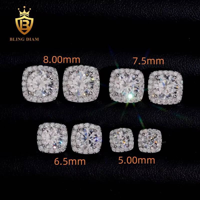 New Arrivals Pass Diamond Tester 925 Silver Iced Out Hip Hop 5-8mm Square Moissanite Screw Back Stud Earrings