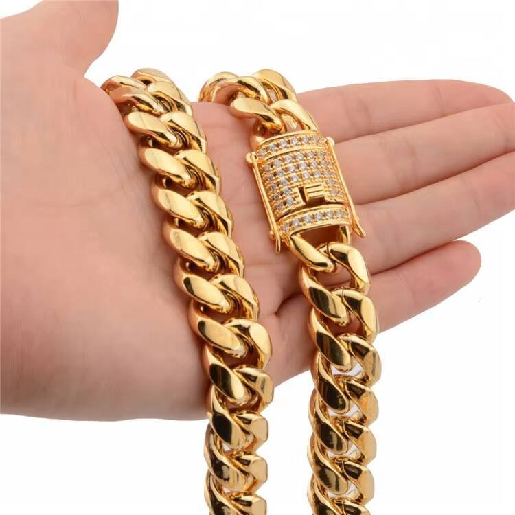 Hip Hop Stainless Steel Mens Jewelry Moissanite Clasp 18k Gold Plated Miami Cuban Link Chain Necklace