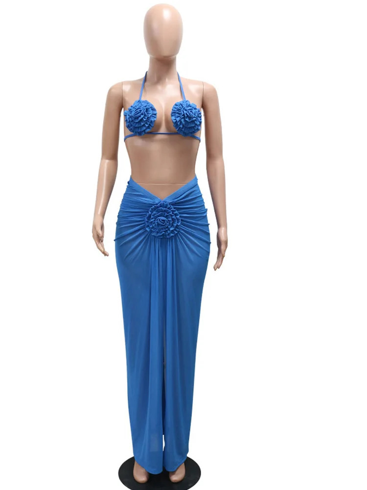 Bonnie Forest Womens 3D Flower Matching Skirt Set 3 Piece Outfits Summer Chic Sheer Mesh Swimsuits Beach CoverUp 250811