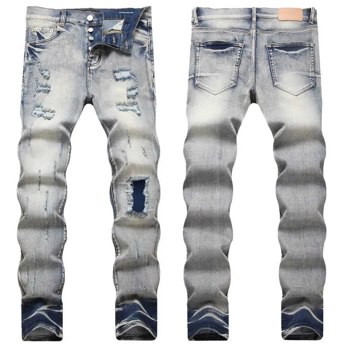 New High Street PU for Men with Ripped Holes Embroidered Patchwork Leather Appliqu Stretch Slim Fit Skinny Jeans X250812