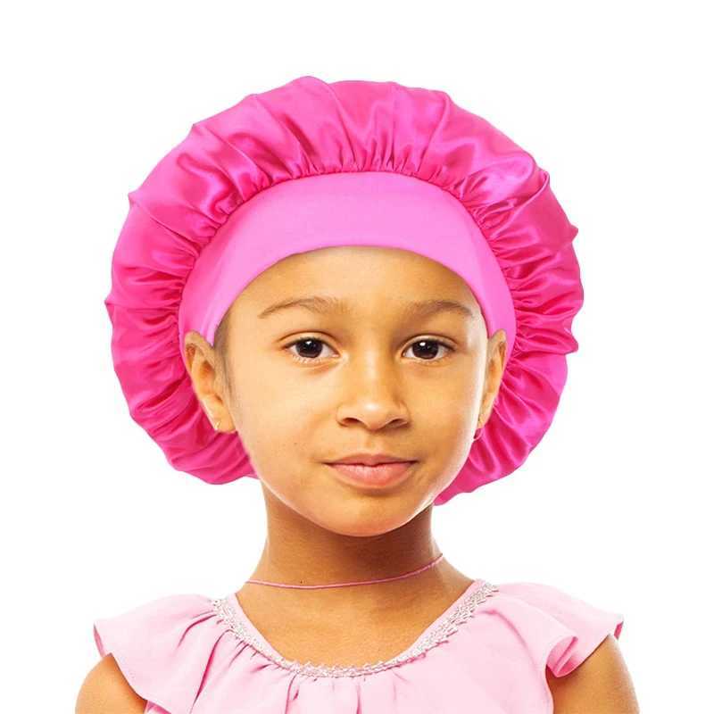 New Kids Girls Boys Satin Night Sleep Cap Wide Band Elastic Turban Headwear Bonnet Hair Care Beanie Nightcap Scarf Bandana XJ250812
