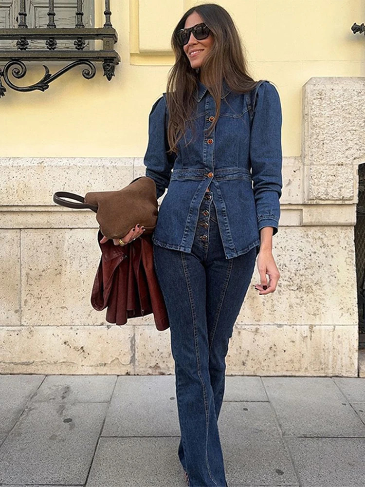Denim Jacket Pants Sets Women Lapel Waist Cinching Split Jackets High Waist Straight Jeans Suits 2025 Spring Lady Street Outfits 250808