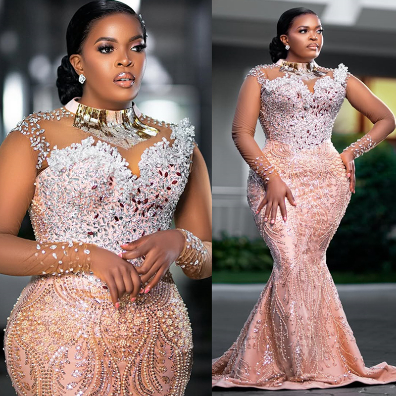 2025 Plus Size Prom Dress Evening Dresses For Black Women High Neck Long Sleeves Beaded Lace Shining Mirror Sequins Birthday Dress Second Reception Go