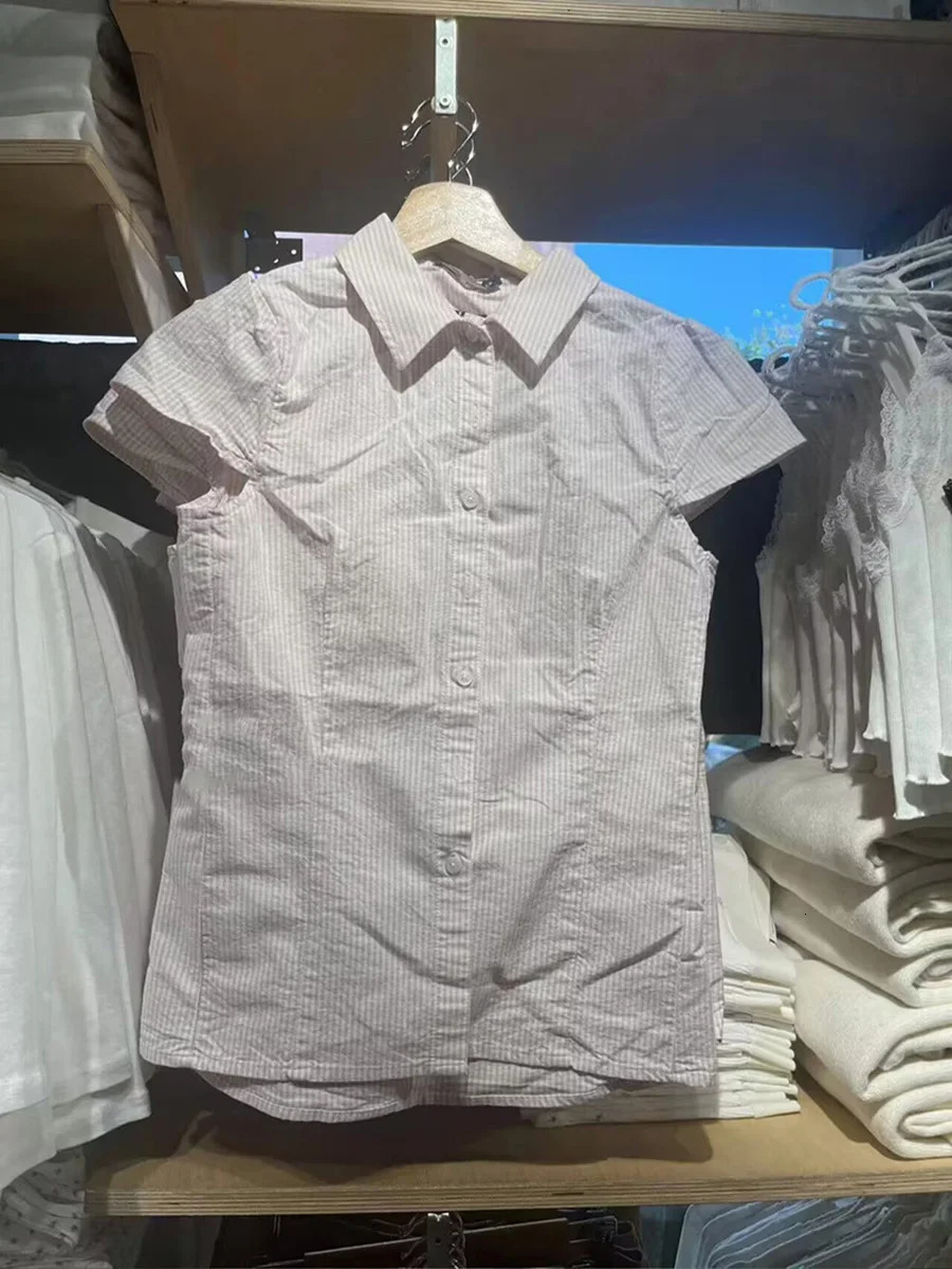 Pink Striped Slim Short Sleeve Blouse Women Summer Turndown Collar Single Breasted Blouses Chic Preppy Style Sweet Shirt Top 250806