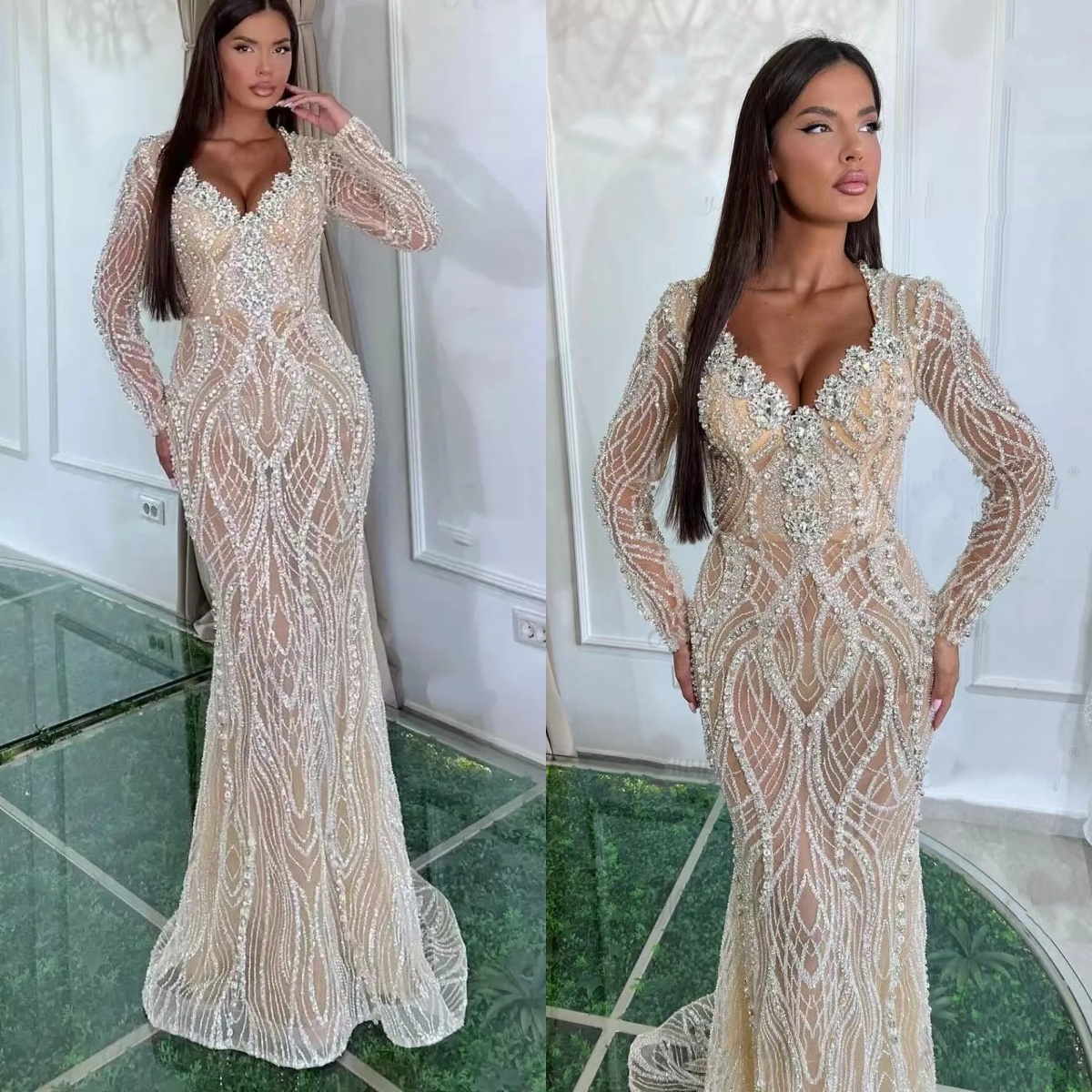 Graceful Mermaid Wedding Dress Sweetheart Neck Long Sleeves Bridal Gowns Crystal Sequins Sweep Train Dresses Custom Made vestidos de novia