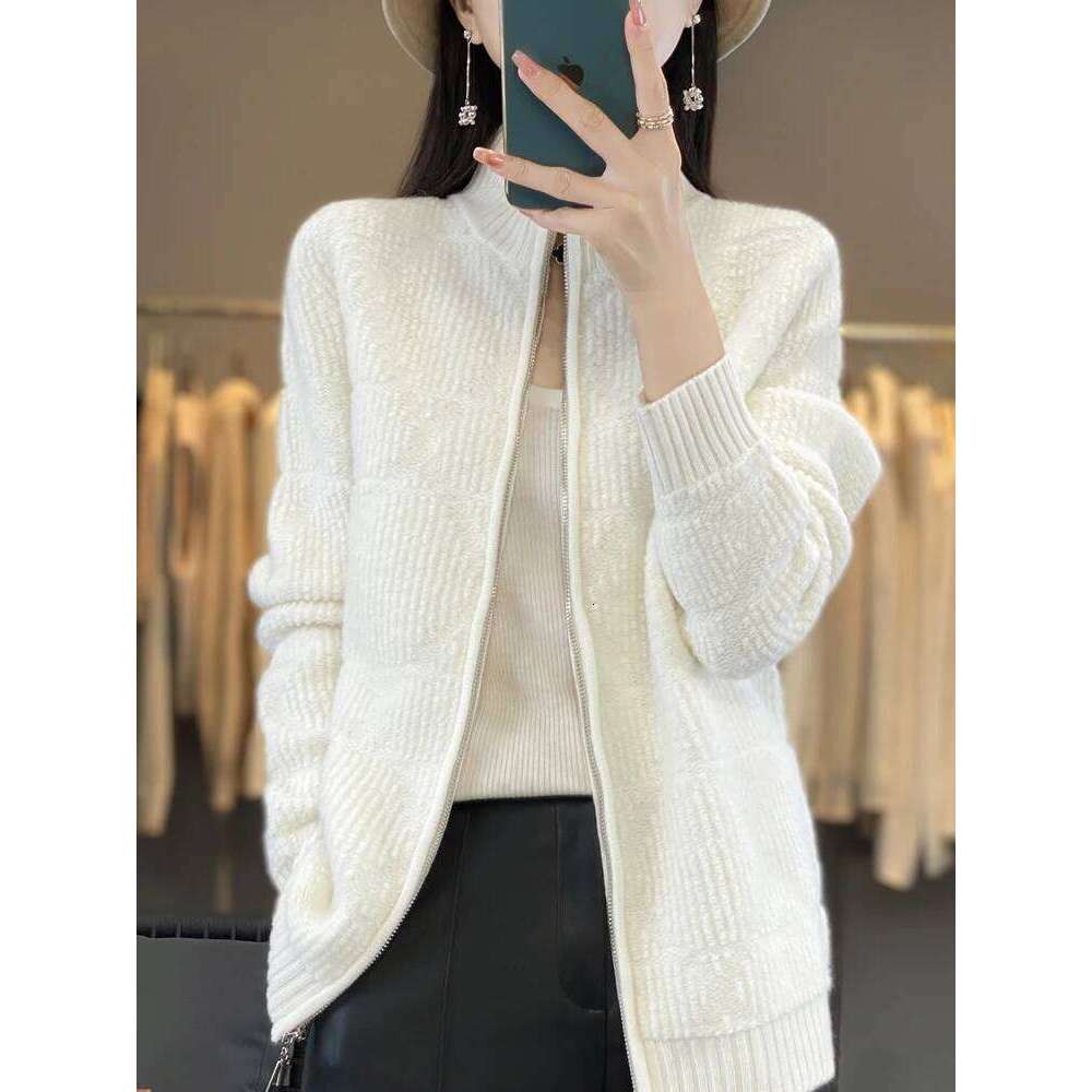 Women's 100% Pure Wool Cardigan Sweater Autumn Winter Half High Collar Zipper Kintwear Long Sleeved Loose Cashmere For Outerwear 20250811