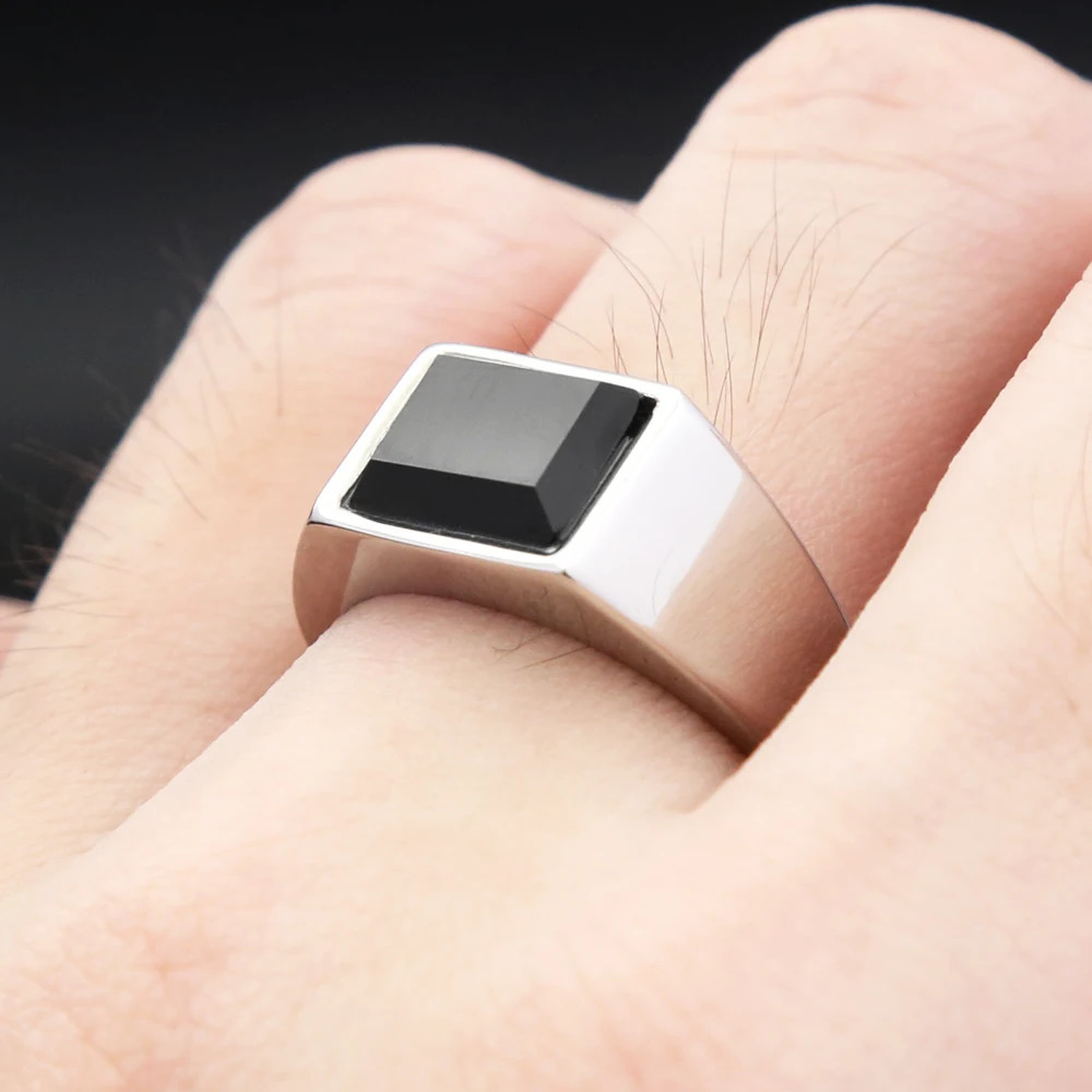 Classic Punk Geometric Black Stone Ring Stainless Steel Silver Color Square Simple Finger Rings For Men Women Fashion Jewelry 250812
