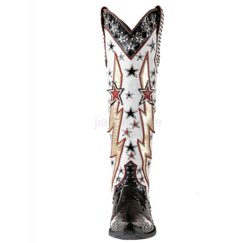 White Western Boots Ethnic Retro Knights Boots Fashion Five-pointed Star Cowgirl Boots M250812