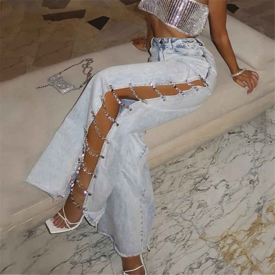 Crystal Chain Women Wide Leg Baggy Jeans High Waist Hollow Out Summer Pants Denim Trousers Y2K Streetwear Side Split Loose Jeans 250811