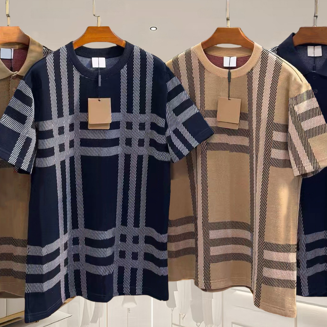 High quality designer men's T-shirt, fashionable plaid pure cotton T-shirt, polo shirt, casual sports loose T-shirt, summer classic short sleeved round neck top