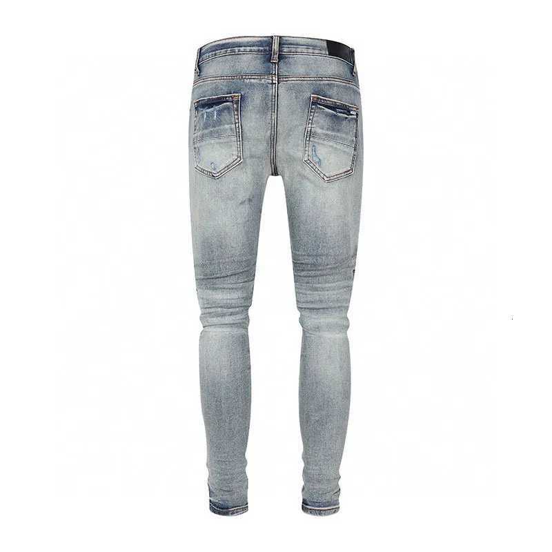 European and American designers fashion new mens jeans stretch slim fit retro light blue patchwork white patch jeans high street X250812