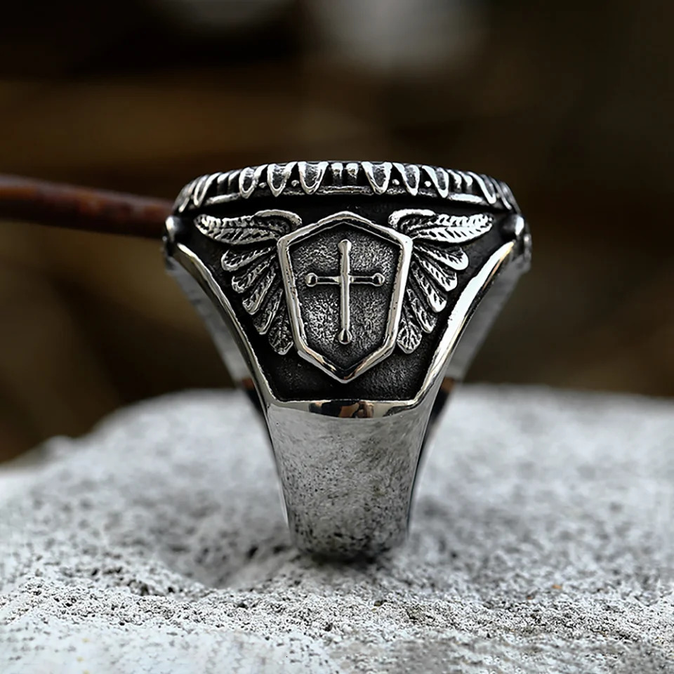 Punk Vintage Stainless Steel St Michael Rings Biker Fashion Cross Ring For Men Boys Renaissance Amulet Jewelry Gift Drop 250812