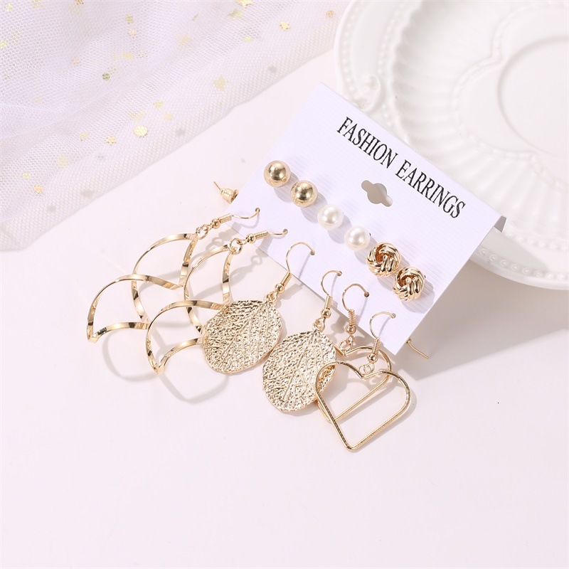 Hot Selling Fashion Leaf Cross Heart Set 6 Pairs Card Pack Windmill Pearl Stud Earrings