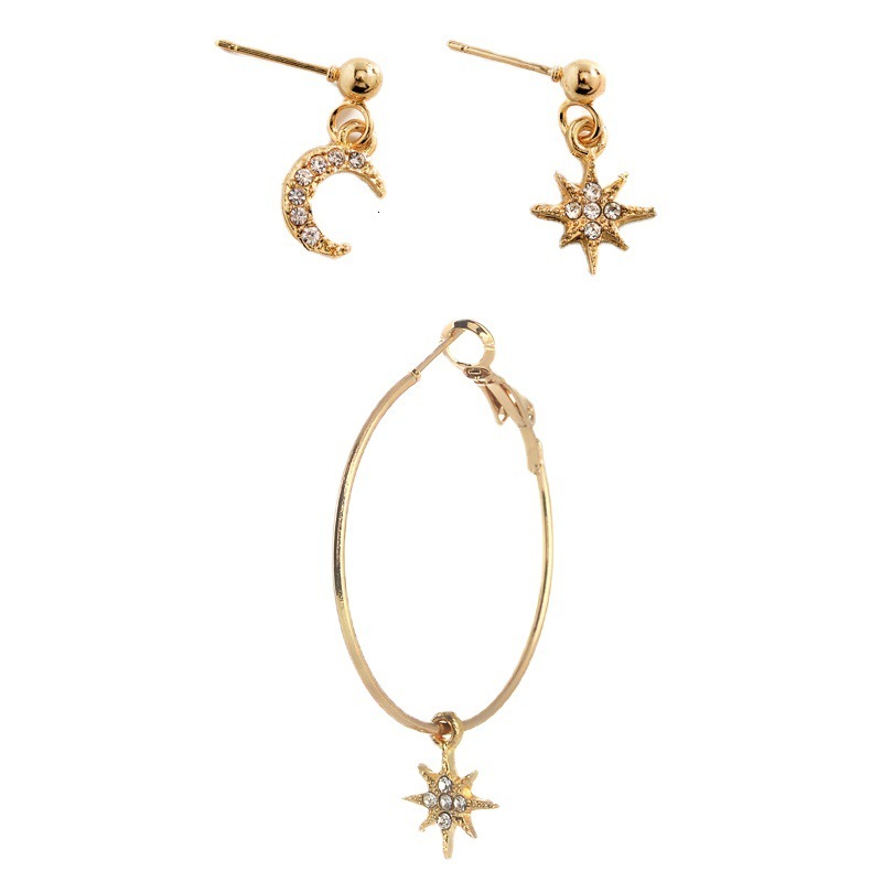 INS Asymmetric Two-Pair Fashion Star Moon Long Earrings Accessories