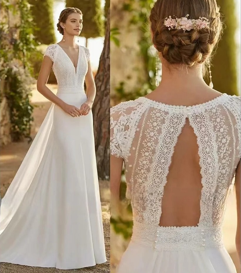 2025 Elegant Wedding Dresses V-Neck Embroidery Appliqued Lace Short Sleeve A Line Satin Boho Bride Bridal Party Grown Vestidos De Noiva