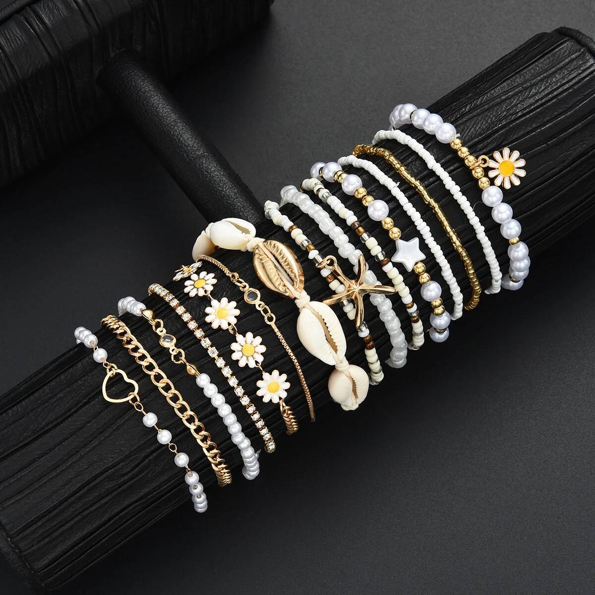 15PCS Bohemian Starfish Shell Rice Beaded For Women Summer Gold White Color Daisy Pearl Bracelets Sets Beach Jewelry
