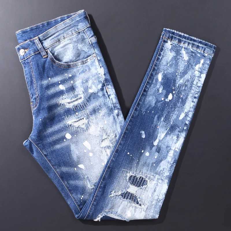 Street fashion mens jeans retro blue elastic slim fit retro elastic slim fit jeans mens patchwork designer hip-hop brand denim X250812