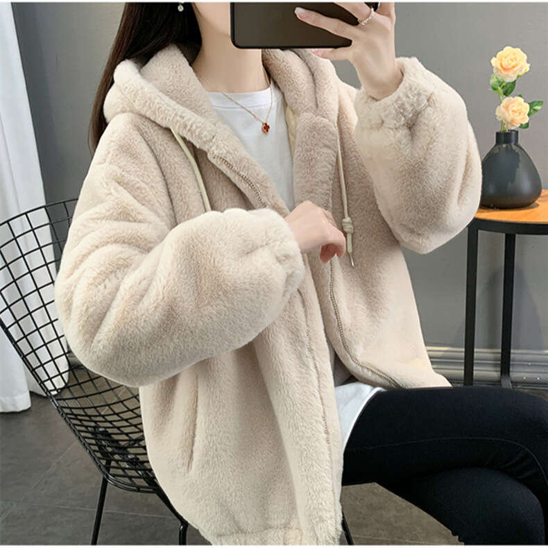 Imitation Lazy Rabbit Fur Fur Women's Medium to Long Loose Thick Lamb Fur Coat Hooded Fur Plush Coat