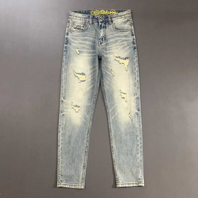 2025 Spring Stretch Ripped Patch Denim Jeans for Men American Vintage Casual High-Street Trend Ink Splatter Slim Straight Pants X250812
