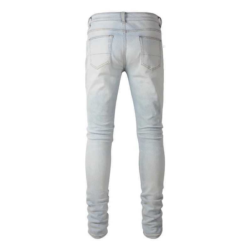 Men Pale Light Blue Biker Jeans Cracked Pleated Patch Patchwork Stretch Denim Pants Streetwear with Holes Ripped Skinny Trousers X250812