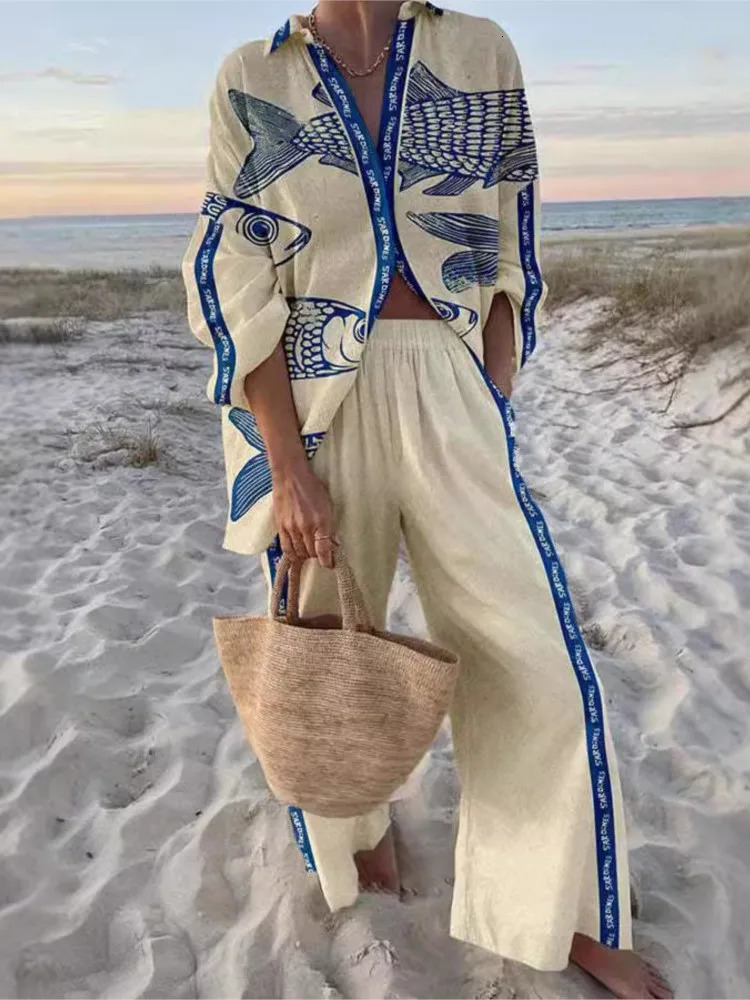 Fashion Lapel Long Sleeve Single-breasted Shirt Top Wide-leg Pants 2-piece Set Women Casual Marine Elements Print Suit Female 250811