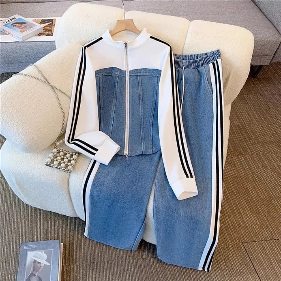 Women Denim 2 Piece Set Striped Long Jacket Lace Up Washed Distressed Wide Leg Pant Autumn Female 2025 Streetwear Matching Sets 250808