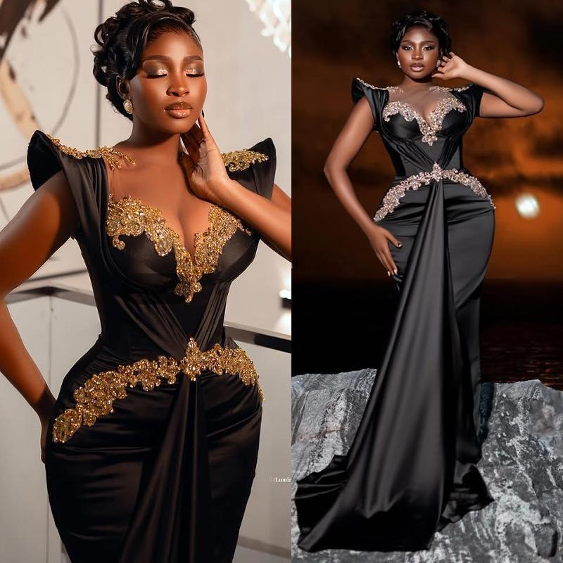 Mermaid Black Prom Dress 2025 Evening Dresses For Special Occasions Sheer Neck Illusion Beaded Appliqued Pleated Birthday Dress Second Reception Gown 