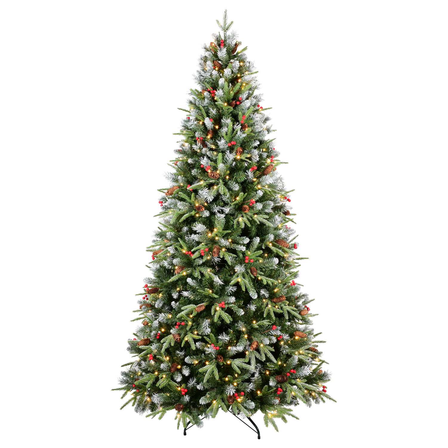 Large encrypted Pre-lit Christmas tree PE/PVC Mixed Branc tips, Red fruit and Pine cone, Foldable stand