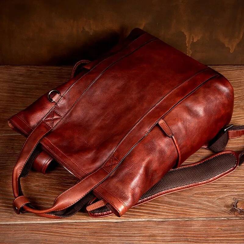 New vintage handmade patina backpack, Japanese style large capacity leather laptop bag for men and women high-quality