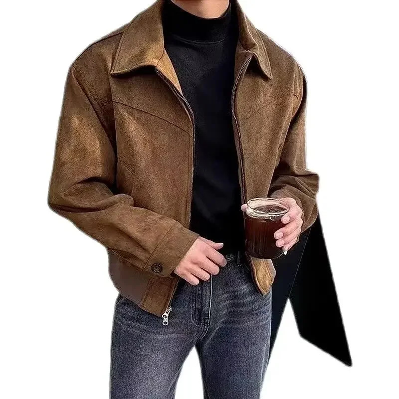Versatile Vintage American Style Chamois Leather Jacket For Men Brown Coffee Maillard Matching Cropped Lapel Autumn Winter Seaso 250811