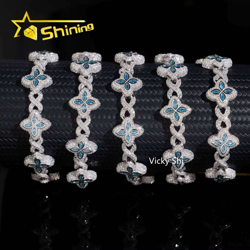 Popular Blue Color Clover Chain Fine Jewelry Custom Iced Out Sier Men Cuban Link Moissanite Necklace