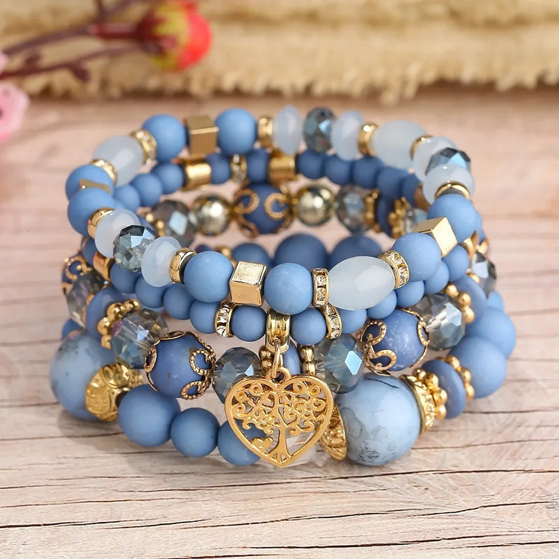 4Pcs Acrylic Beads Chain Bracelet Set For Women Tree Of Life Charm Elastic Bangle Female Bohemian Jewelry Accessories 250811