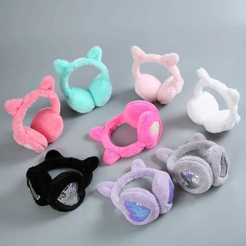 Child Cute Cat Ears Winter Warm Earmuffs Shiny Sequin Ear Soft Plush Earflaps for Kids Outdoor Ear Warmer Outdoor Cold Protection XJ250812