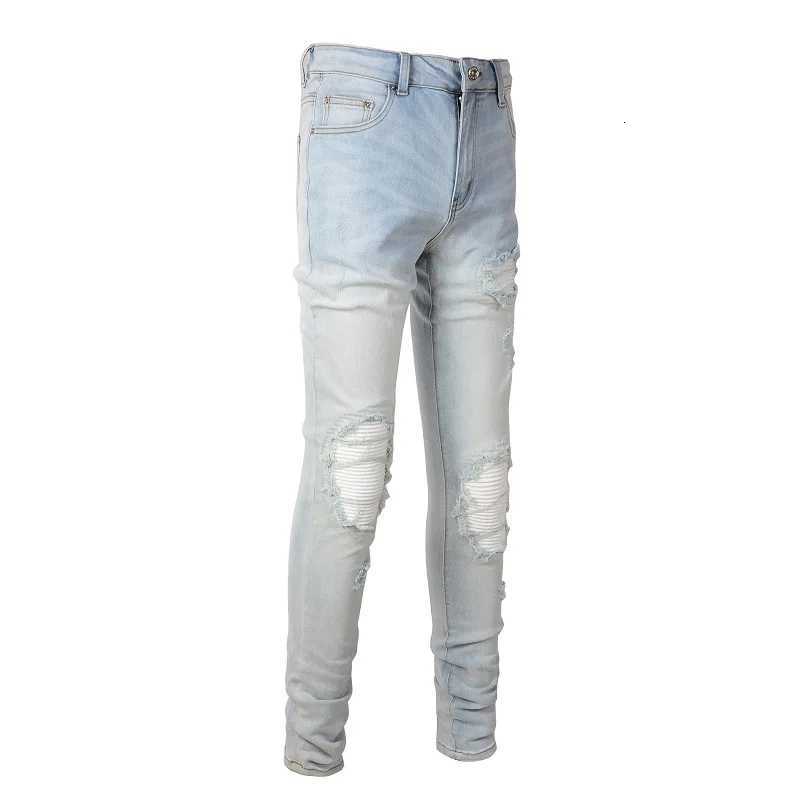 Men Pale Light Blue Biker Jeans Cracked Pleated Patch Patchwork Stretch Denim Pants Streetwear with Holes Ripped Skinny Trousers X250812