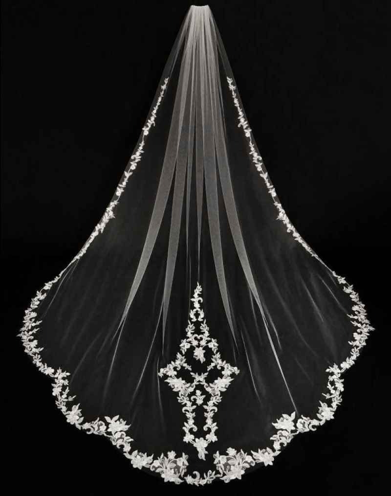 Real Image Cheap Chic Wedding Veils Three Meters Long Veils Lace Applique Lace One Layers Cathedral Length Bridal Veil