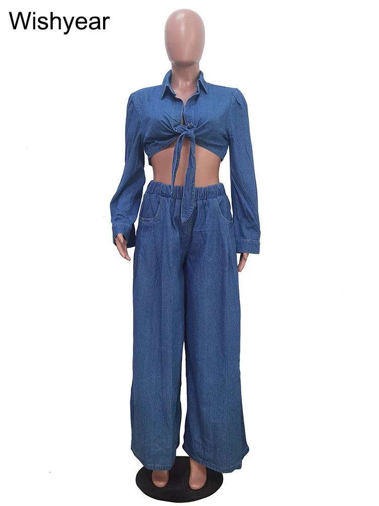 Fashion Denim 2 Pieces Pants Women Set Long Sleeve Crop Jacket and Wide Leg Jeans Suit Elegant Loose Streetwear Blue Outfit 250808