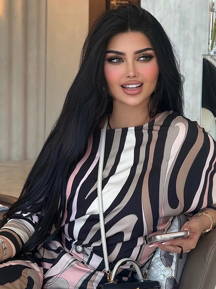 Geometric Print Top pant suits Women two pieces set round neck long sleeve Blouse loose pant Vacation Beach vacation pant outfit 250811