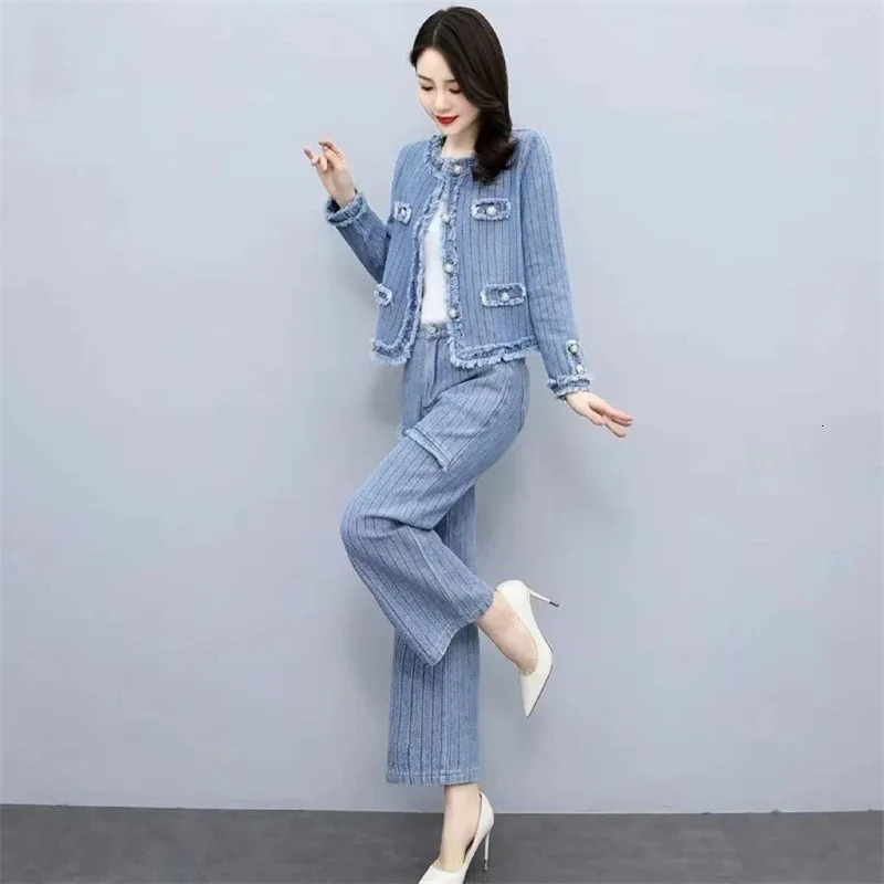 Retro V-Neck Denim Jacket Wide-Leg Pants Suit Womens Spring Autumn Long-Sleeved Jacket Two-Piece Suit Female Sets Jeans 250808