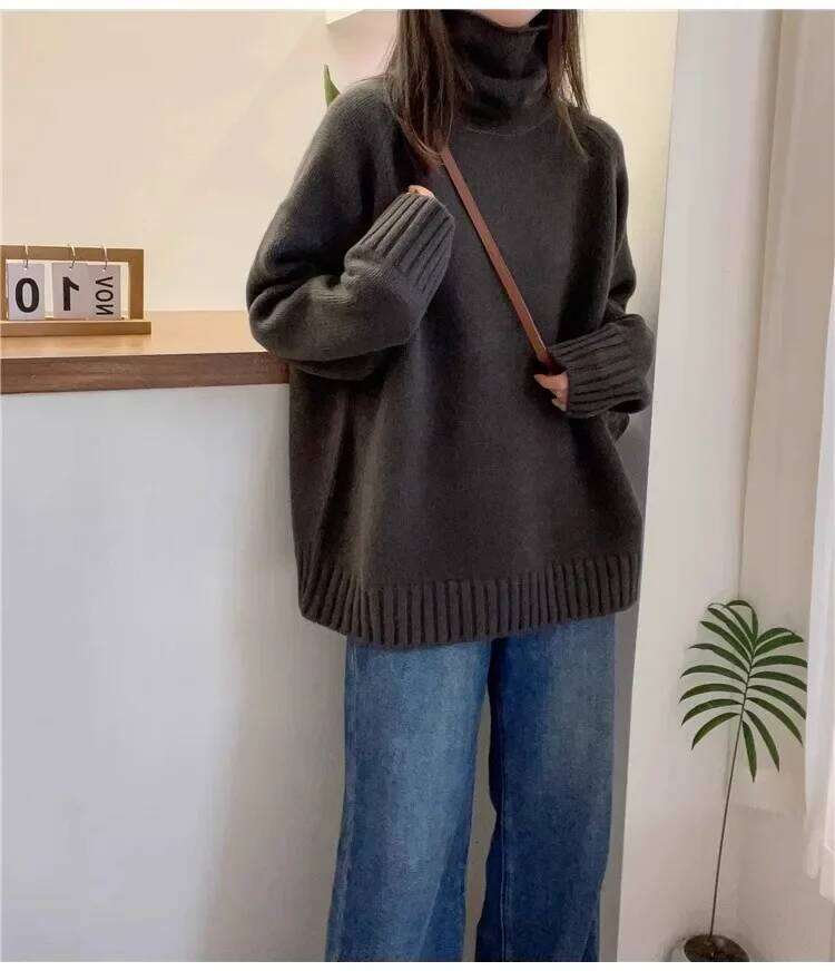 Women's Red Cashmere Turtleneck Sweater Loose Fit Thick Pullover For Autumn Winter European Style New Year Lazy Wind MDNG 20250811