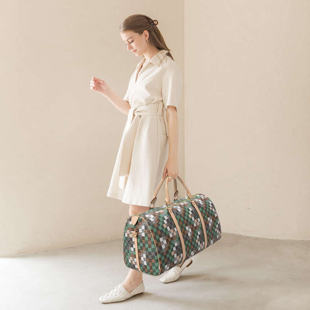 Lacel Urwebin Vintage Checkered Plaid Duffle Bag for Women, Green Brown PU Leather, Large Capacity Weekend Travel Bag with Adjustable Shoulder Strap