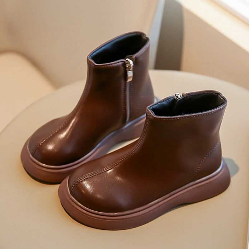 Spring Autumn Children Boots Chunky Zipper Black Brown Leather Kids Casual Single Boots Fashion Simple Sle Girls Ankle Boots XJ250812