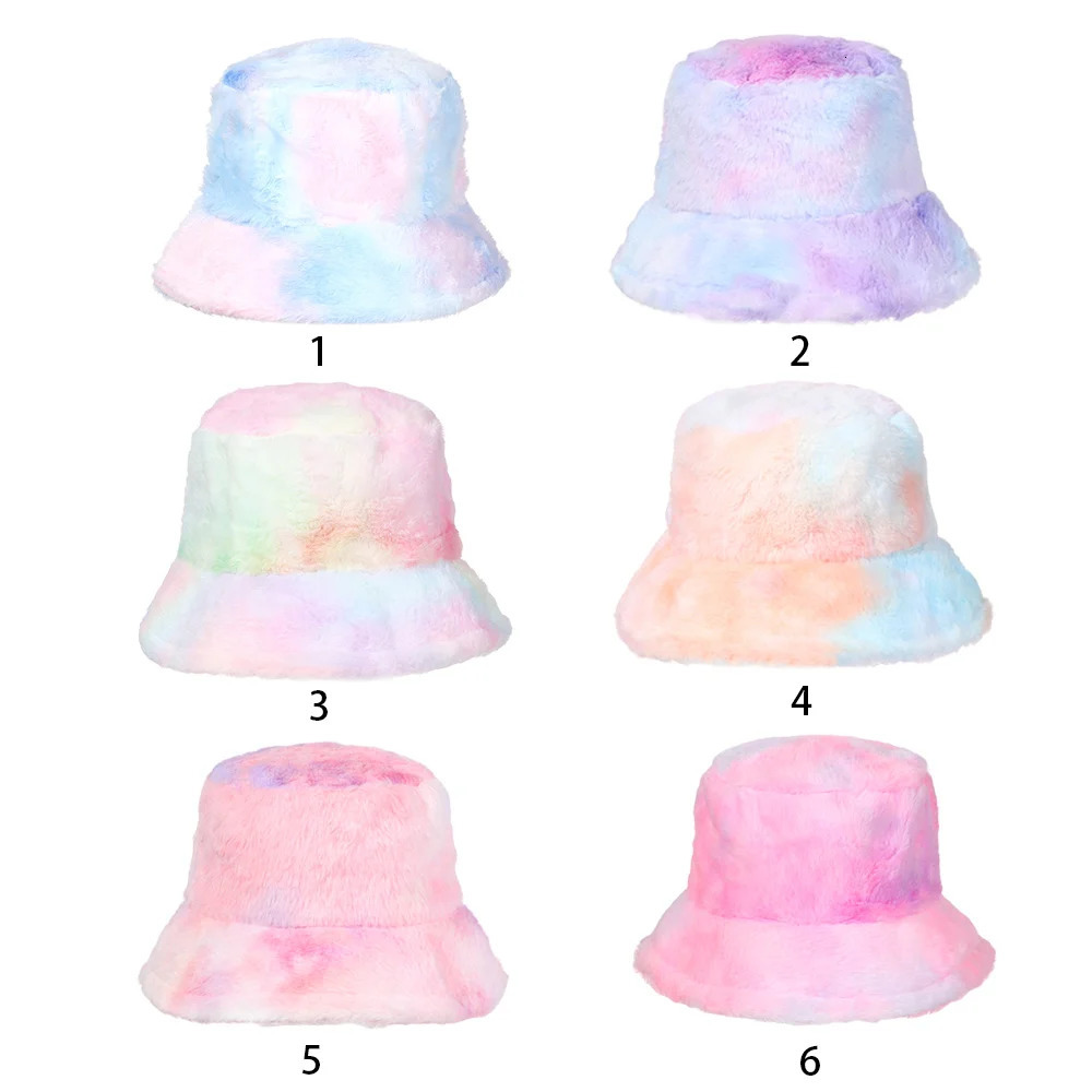Soft Outdoor Vacation Girls Faux Fur Cap Tie-Dye Bucket Hats Winter Warm Hat Fishing Caps 250808