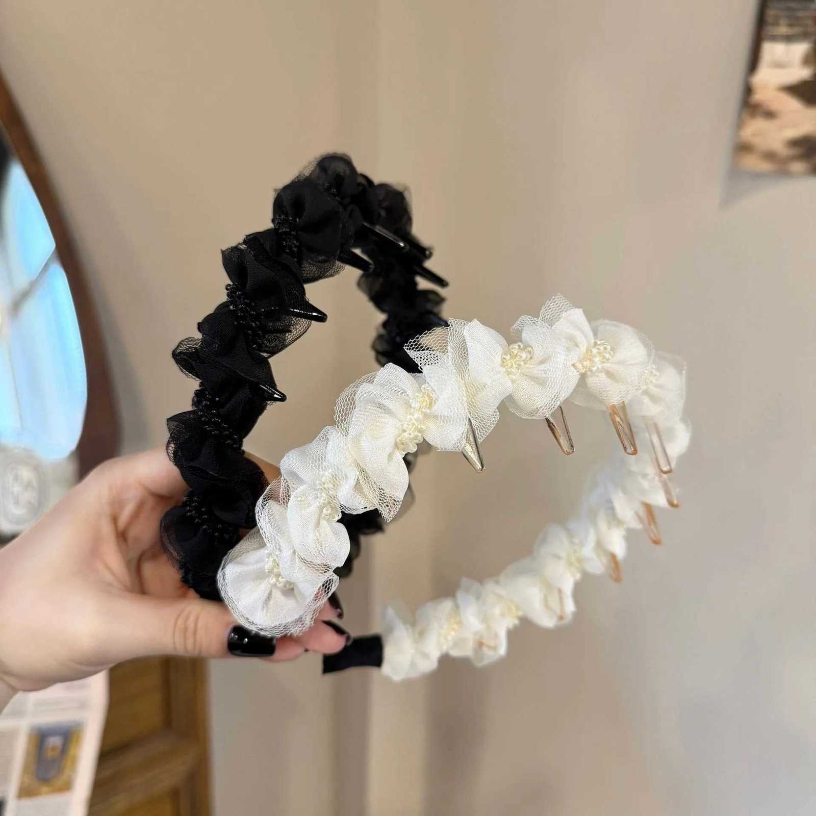 Mesh Beaded Band Classic Black And White Band Elegant Fem All-Match Hair Accessories X250812