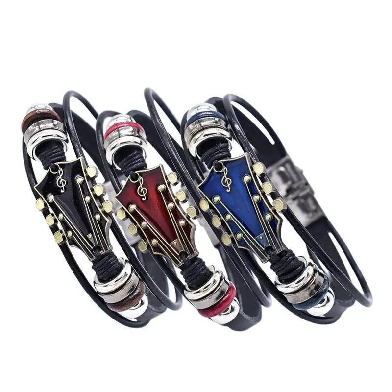 Braided Guitar Bracelet Zinc Alloy Adjustable Buckle Manual Woven Faux Leather 3-layered Retro Punk Wrist Jewelry Gifts